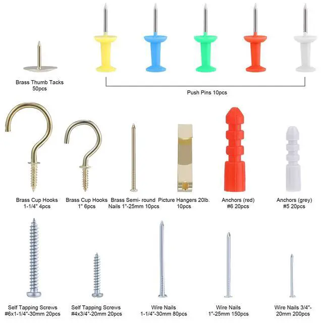 Alt view image 2 of 6 - Repair and Wall Hanging Kit: Screws, Nails, Drywall Anchors, Picture Hangers, Cup Hooks, Push Pins, Thumb Tacks, 600pcs