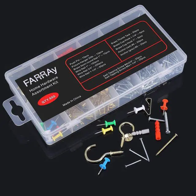 Alt view image 3 of 6 - Repair and Wall Hanging Kit: Screws, Nails, Drywall Anchors, Picture Hangers, Cup Hooks, Push Pins, Thumb Tacks, 600pcs