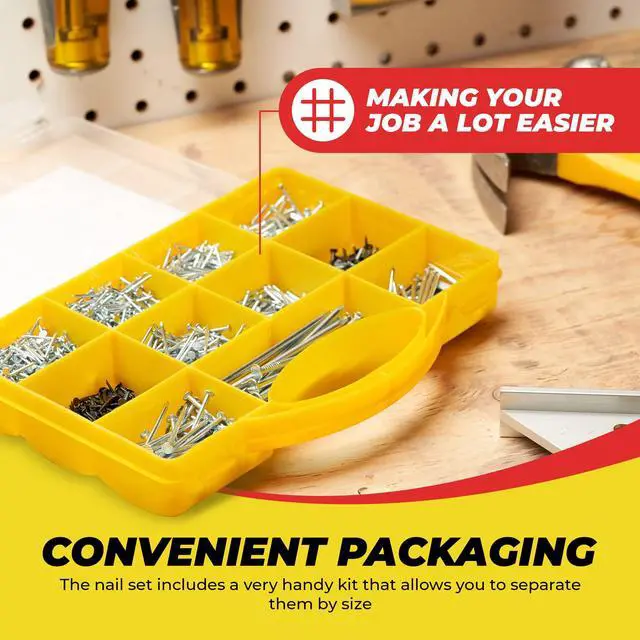 Alt view image 3 of 7 - Top Quality Nail Assortment Kit Over a 1800 Multipurpose Hardware Nails - 11 Different Sizes Non Bendable & Sturdy - Compact Organized Box