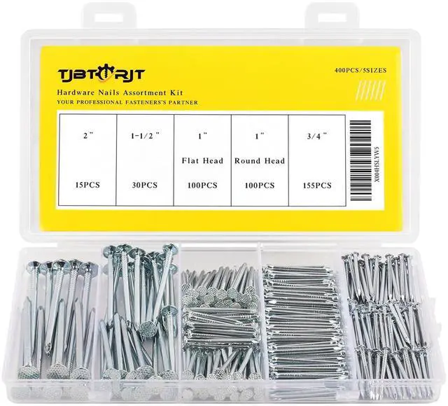 Main image of 400pcs Hardware Nails for Hanging Pictures,Up to 2 inch long, Finishing Nails Assortment Kit for Wall Art Decor, Small Nails for home use,5 sizes Picture Hanging Nails, Wall Nails,Wood Nails