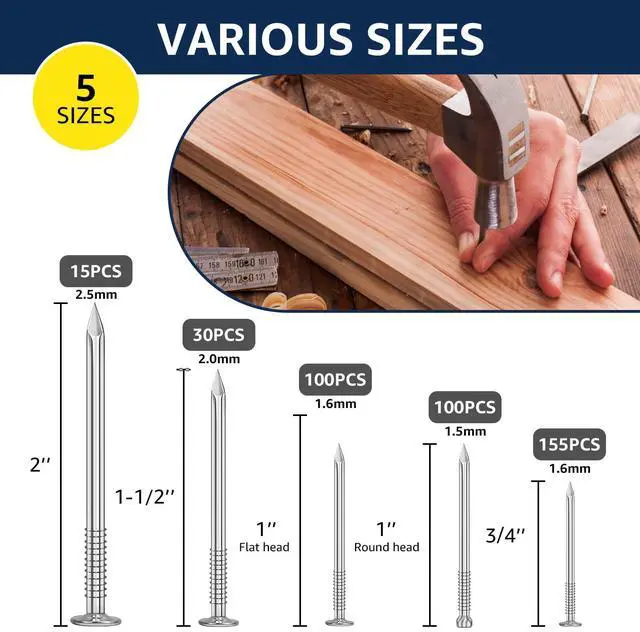 Alt view image 2 of 7 - 400pcs Hardware Nails for Hanging Pictures,Up to 2 inch long, Finishing Nails Assortment Kit for Wall Art Decor, Small Nails for home use,5 sizes Picture Hanging Nails, Wall Nails,Wood Nails