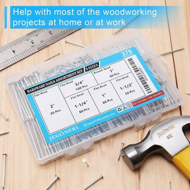 Alt view image 2 of 7 - 376PCS Galvanized Nails Kit with Storage Box, 6 Sizes for Hanging Pictures