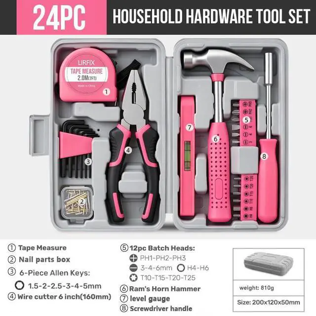 Alt view image 6 of 7 - 24PCS Mini Compact Pink Household Hardware Tool Set, Beginner Basic DIY Small Repair Tool Kit for Women, Home Assembly Mainten ance Hand Tools, Premium Gift Set for Household Daily Repairs