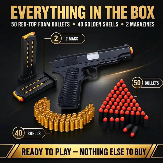 Alt view image 6 of 7 - Kids Safe Foam Blaster Pistol - Shell Ejecting Toy Gun with 50 Soft Bullets & 40 Reusable Shells - Shoots 32 Feet - Easy Load Design for Ages 6+ - Outdoor Backyard Adventure Gift for Boys Girls