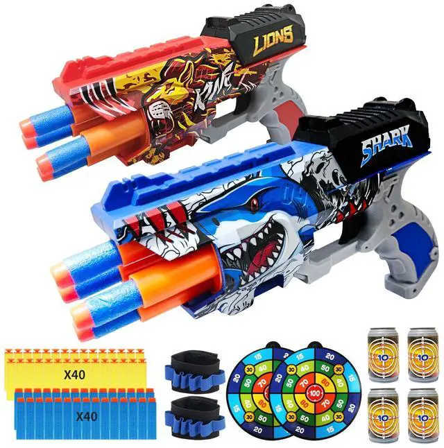 Main image of 2 Pack Doodle Blaster Guns Boys for Toy, Shark & Lion Toys Birthday Gifts for Kids,Gun Toys Christmas Stocking Stuffing Party Supplies, 80 Soft Foam Darts Bullets,6 Targets & 2 Wrist Strap.