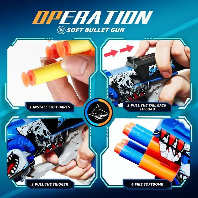 Alt view image 3 of 6 - 2 Pack Doodle Blaster Guns Boys for Toy, Shark & Lion Toys Birthday Gifts for Kids,Gun Toys Christmas Stocking Stuffing Party Supplies, 80 Soft Foam Darts Bullets,6 Targets & 2 Wrist Strap.