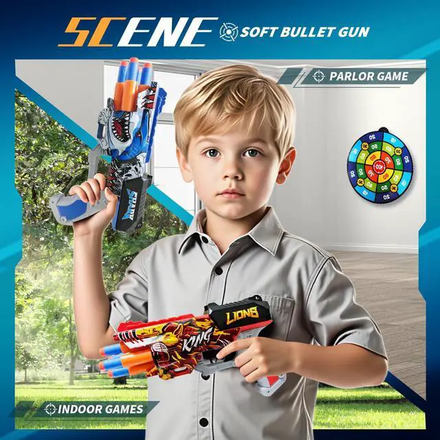 Alt view image 5 of 6 - 2 Pack Doodle Blaster Guns Boys for Toy, Shark & Lion Toys Birthday Gifts for Kids,Gun Toys Christmas Stocking Stuffing Party Supplies, 80 Soft Foam Darts Bullets,6 Targets & 2 Wrist Strap.