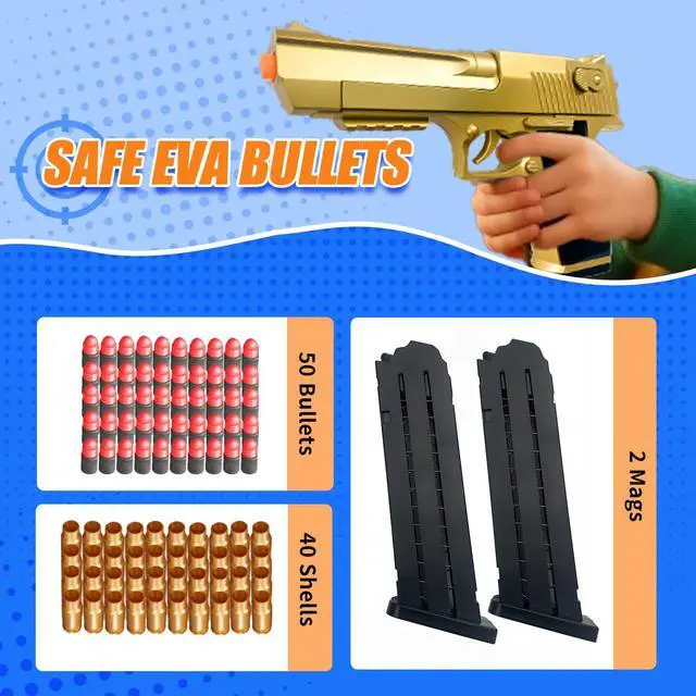 Alt view image 4 of 6 - Safe Toy Pistol for Outdoor Play - Shell Ejecting Toy Blaster, Realistic Slide Action, 50 Soft Bullets & 40 Shells, ASTM Certified