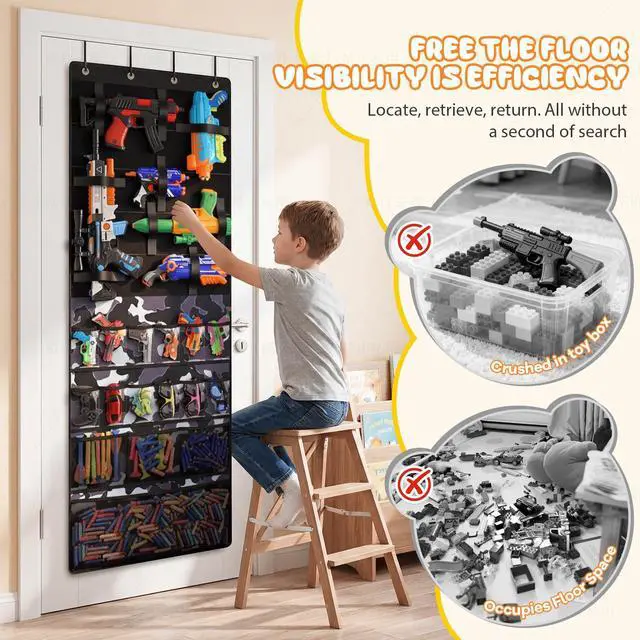 Alt view image 7 of 7 - Nerf Gun Organizer, Over the Door Organizer Nerf Gun Storage, Over the Door Storage with 16 Pockets & 20 Adjustable Straps, Nerf Gun Rack for Foam Blasters,Darts,Goggles(Multicolored)