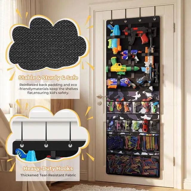 Alt view image 6 of 7 - Nerf Gun Organizer, Over the Door Organizer Nerf Gun Storage, Over the Door Storage with 16 Pockets & 20 Adjustable Straps, Nerf Gun Rack for Foam Blasters,Darts,Goggles(Multicolored)