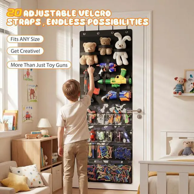 Alt view image 5 of 7 - Nerf Gun Organizer, Over the Door Organizer Nerf Gun Storage, Over the Door Storage with 16 Pockets & 20 Adjustable Straps, Nerf Gun Rack for Foam Blasters,Darts,Goggles(Multicolored)