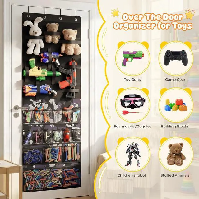 Alt view image 3 of 7 - Nerf Gun Organizer, Over the Door Organizer Nerf Gun Storage, Over the Door Storage with 16 Pockets & 20 Adjustable Straps, Nerf Gun Rack for Foam Blasters,Darts,Goggles(Multicolored)