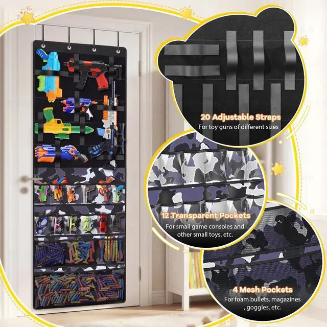 Alt view image 4 of 7 - Nerf Gun Organizer, Over the Door Organizer Nerf Gun Storage, Over the Door Storage with 16 Pockets & 20 Adjustable Straps, Nerf Gun Rack for Foam Blasters,Darts,Goggles(Multicolored)