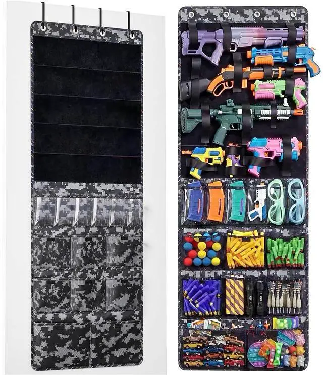 Main image of Over The Door Toy Gun Organizer with Pockets, Slots, Hooks, Behind Door Toy Storage Organizer for Guns, Foam Darts, Goggles, Hanging Toy Gun Storage for Kids Room, Playroom, Camo