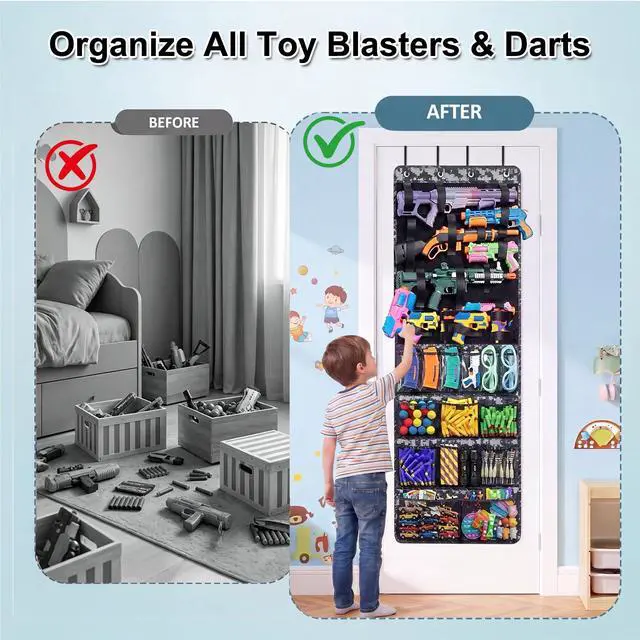 Alt view image 2 of 7 - Over The Door Toy Gun Organizer with Pockets, Slots, Hooks, Behind Door Toy Storage Organizer for Guns, Foam Darts, Goggles, Hanging Toy Gun Storage for Kids Room, Playroom, Camo