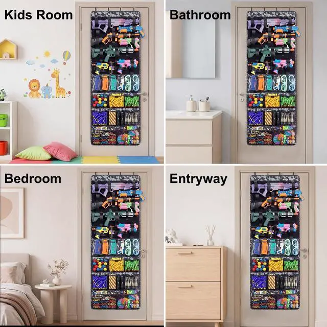 Alt view image 4 of 7 - Over The Door Toy Gun Organizer with Pockets, Slots, Hooks, Behind Door Toy Storage Organizer for Guns, Foam Darts, Goggles, Hanging Toy Gun Storage for Kids Room, Playroom, Camo