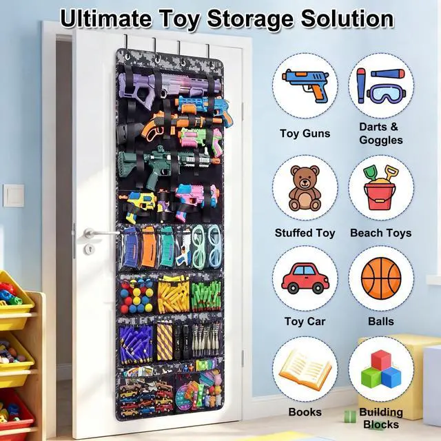 Alt view image 3 of 7 - Over The Door Toy Gun Organizer with Pockets, Slots, Hooks, Behind Door Toy Storage Organizer for Guns, Foam Darts, Goggles, Hanging Toy Gun Storage for Kids Room, Playroom, Camo