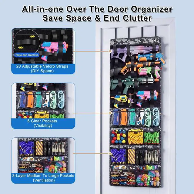 Alt view image 5 of 7 - Over The Door Toy Gun Organizer with Pockets, Slots, Hooks, Behind Door Toy Storage Organizer for Guns, Foam Darts, Goggles, Hanging Toy Gun Storage for Kids Room, Playroom, Camo
