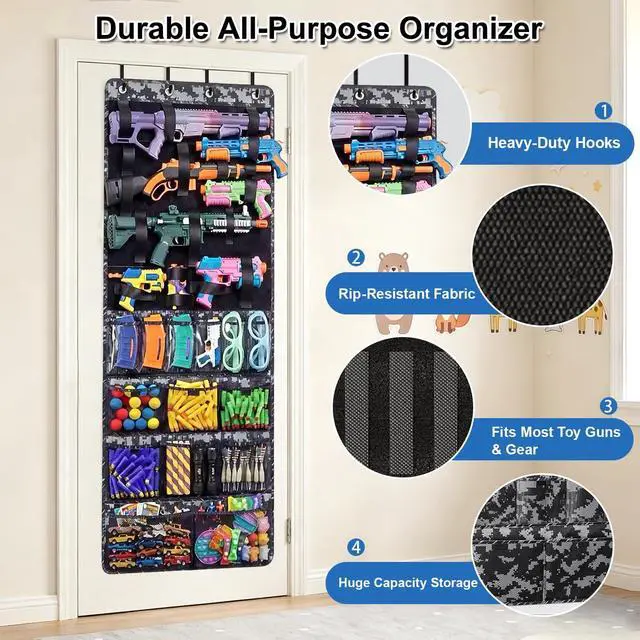 Alt view image 6 of 7 - Over The Door Toy Gun Organizer with Pockets, Slots, Hooks, Behind Door Toy Storage Organizer for Guns, Foam Darts, Goggles, Hanging Toy Gun Storage for Kids Room, Playroom, Camo