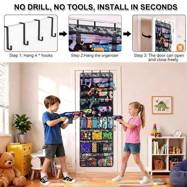 Alt view image 7 of 7 - Over The Door Toy Gun Organizer with Pockets, Slots, Hooks, Behind Door Toy Storage Organizer for Guns, Foam Darts, Goggles, Hanging Toy Gun Storage for Kids Room, Playroom, Camo