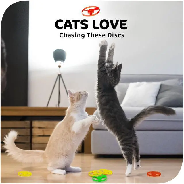 Alt view image 3 of 7 - 12 Pack Flying Disc Shooters for Kids, Interactive Cat Fetch Spinning Saucer Launcher, Indoor & Outside Toys, Party Favor Frisbees, Cat Propellers