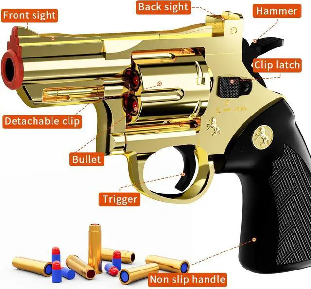 Alt view image 5 of 7 - Revolver Toy Gun with Holster Gold - Soft Bullet Western Cowboy Prop Revolver Gun Plastic Play Cap Guns Pistol for Kids Boys Age 6+ Foam Blaster CS Toy Rifle Sniper Small Hand Gun Cosplay Shoot Game