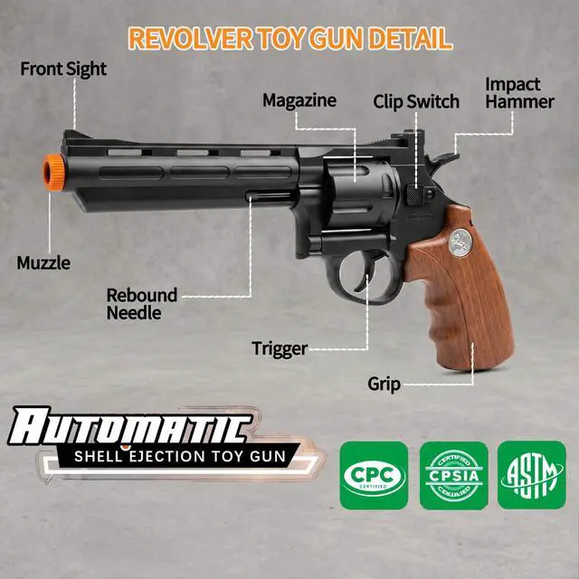 Alt view image 4 of 7 - Toy Revolver Gun Shell Ejecting Toy Gun, Toy Gun Pistols with 80 Soft Bullets, 12 Shells, 1 Goggles and 3 Targets, Educational Model Toys Shooting Games Gifts for Boys and Girls, Kids 6+ Years Old