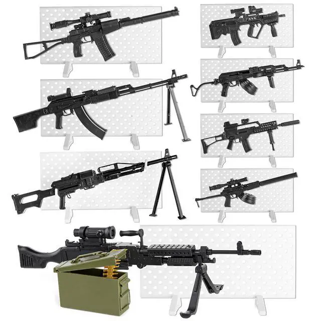 Alt view image 2 of 7 - 8 Set Miniature Toy Machine Guns with Display Board SMG Rifles Toys for Boys Kids Building Toys