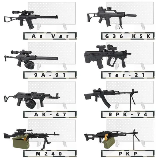Alt view image 4 of 7 - 8 Set Miniature Toy Machine Guns with Display Board SMG Rifles Toys for Boys Kids Building Toys