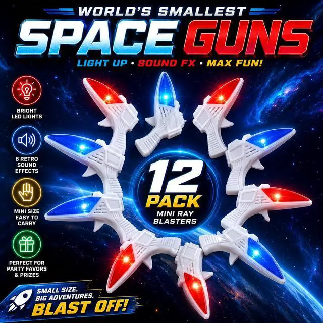 Alt view image 3 of 7 - 12 PK World's Smallest Space Guns - Mini Light Up Flashing Ray Blasters with Retro Sound Effects - Kids Bulk Party Favor Toys