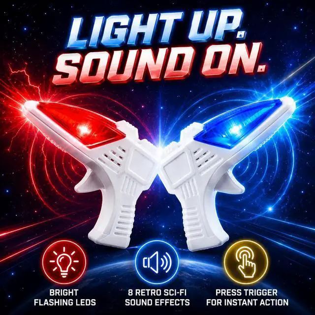 Alt view image 5 of 7 - 12 PK World's Smallest Space Guns - Mini Light Up Flashing Ray Blasters with Retro Sound Effects - Kids Bulk Party Favor Toys