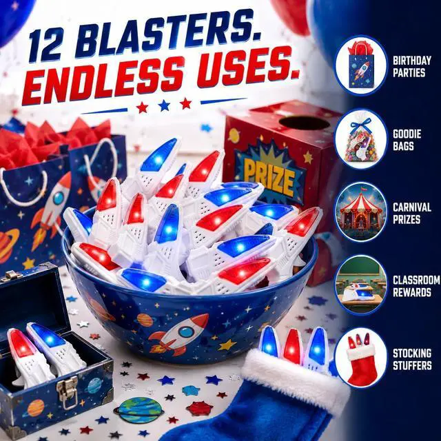 Alt view image 6 of 7 - 12 PK World's Smallest Space Guns - Mini Light Up Flashing Ray Blasters with Retro Sound Effects - Kids Bulk Party Favor Toys