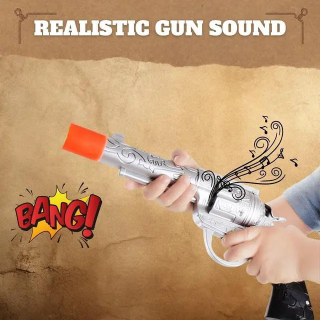 Alt view image 2 of 7 - 2 Pack: Kids Western Dual Cowboy Pistols, Belt and Holster Set - Battery Operated 11" Wild West Outlaw Toy Guns with Realistic Sounds for Role Play, Cosplay, Costume Accessories, Stage Props