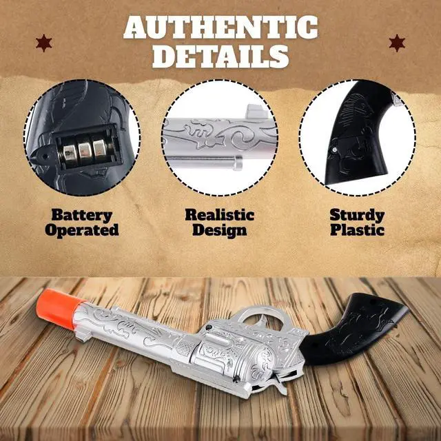 Alt view image 3 of 7 - 2 Pack: Kids Western Dual Cowboy Pistols, Belt and Holster Set - Battery Operated 11" Wild West Outlaw Toy Guns with Realistic Sounds for Role Play, Cosplay, Costume Accessories, Stage Props