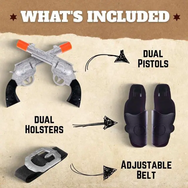 Alt view image 4 of 7 - 2 Pack: Kids Western Dual Cowboy Pistols, Belt and Holster Set - Battery Operated 11" Wild West Outlaw Toy Guns with Realistic Sounds for Role Play, Cosplay, Costume Accessories, Stage Props