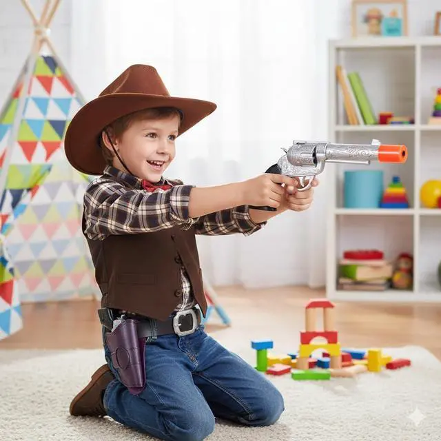 Alt view image 6 of 7 - 2 Pack: Kids Western Dual Cowboy Pistols, Belt and Holster Set - Battery Operated 11" Wild West Outlaw Toy Guns with Realistic Sounds for Role Play, Cosplay, Costume Accessories, Stage Props