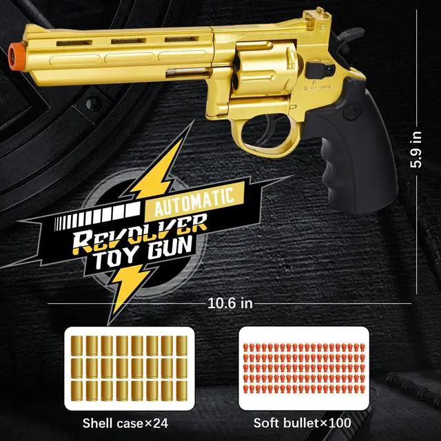 Alt view image 2 of 6 - Revolver Toy Gun with 100 Soft Bullets,24 Shells,Toy Revolver Gun,Christmas Birthday Gifts for Boys Kids Adult Age 8+ (Gold)