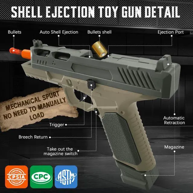 Alt view image 3 of 6 - Soft Bullet Toy Gun with Shell Ejecting,Realistic Toy Gun Pistol with 120 Soft Bullets,18 Shells,and 2 Magazines, Christmas Birthday Gifts for Boys Girls Kids & Adults Age 8+(Green)