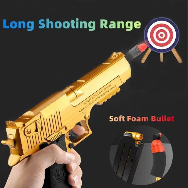 Alt view image 4 of 5 - Shooting Toy Pull Back Action Jump Ejecting Magazine Pistol Toys Foam Blaster for 8 Years+ Children Boys & Girls, Gold