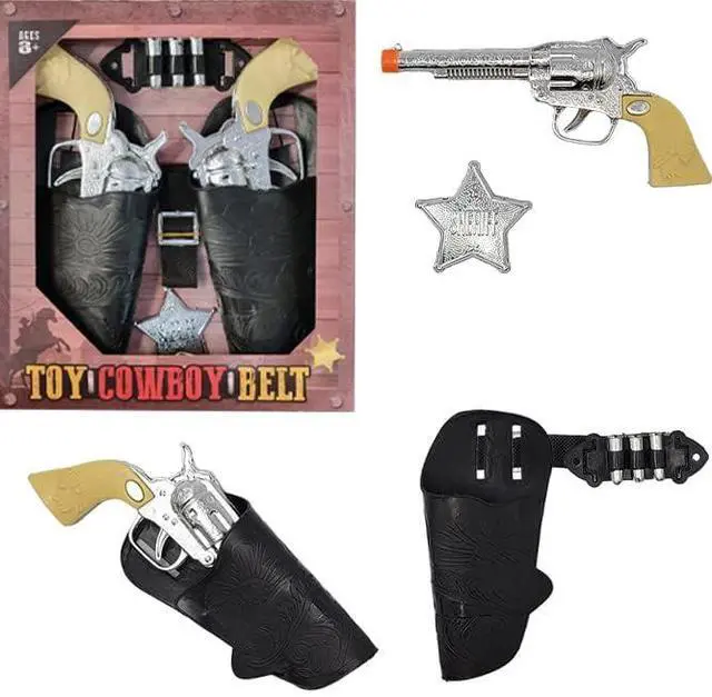 Main image of St. Patrick's Kids Cowboy Toy Gun Holster & Belt 9 Piece Set. 2 Toy Pistols, 1 Sheriff Badge, 2 Gun Holsters & 3 Play Bullets, 1 Old Western Action Belt for Sheriff - Adjustable