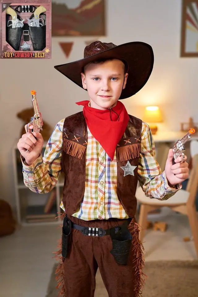 Alt view image 3 of 7 - St. Patrick's Kids Cowboy Toy Gun Holster & Belt 9 Piece Set. 2 Toy Pistols, 1 Sheriff Badge, 2 Gun Holsters & 3 Play Bullets, 1 Old Western Action Belt for Sheriff - Adjustable