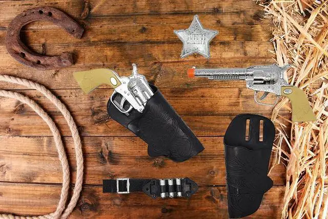 Alt view image 4 of 7 - St. Patrick's Kids Cowboy Toy Gun Holster & Belt 9 Piece Set. 2 Toy Pistols, 1 Sheriff Badge, 2 Gun Holsters & 3 Play Bullets, 1 Old Western Action Belt for Sheriff - Adjustable