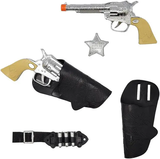 Alt view image 5 of 7 - St. Patrick's Kids Cowboy Toy Gun Holster & Belt 9 Piece Set. 2 Toy Pistols, 1 Sheriff Badge, 2 Gun Holsters & 3 Play Bullets, 1 Old Western Action Belt for Sheriff - Adjustable