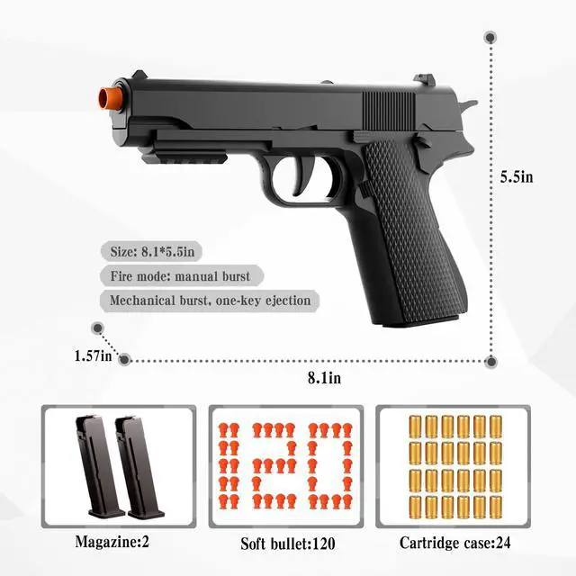 Alt view image 2 of 5 - Toy Gun, Children's Soft Toy Guns, 24shells120 Soft Bullets, Empty Shell Toy Guns, Christmas and Birthday Gifts (1911 Black)