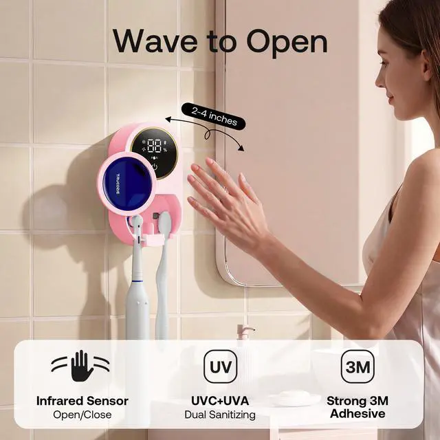 Alt view image 2 of 7 - Toothbrush Holder for Bathroom, Wall Mounted Electric Toothbrush Cleaner, UVC+UVA Dual Light, 3H Auto Cycle Air Drying, Touchless Infrared Sensor, Pink