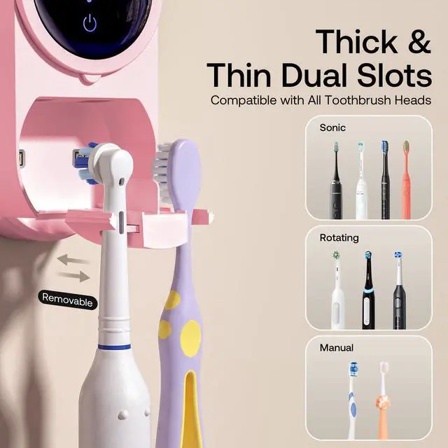 Alt view image 5 of 7 - Toothbrush Holder for Bathroom, Wall Mounted Electric Toothbrush Cleaner, UVC+UVA Dual Light, 3H Auto Cycle Air Drying, Touchless Infrared Sensor, Pink