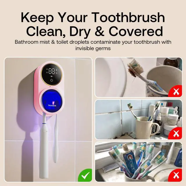 Alt view image 6 of 7 - Toothbrush Holder for Bathroom, Wall Mounted Electric Toothbrush Cleaner, UVC+UVA Dual Light, 3H Auto Cycle Air Drying, Touchless Infrared Sensor, Pink