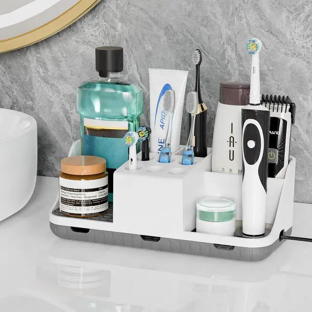 Alt view image 2 of 7 - Electric Toothbrush Holders with Cord Slots: Detachable Toothbrush and Toothpaste Holders, Large Tooth Brush Storage Caddy Set Drainage, Anti-Slip Bathroom Counter Organizer for Family, Kids