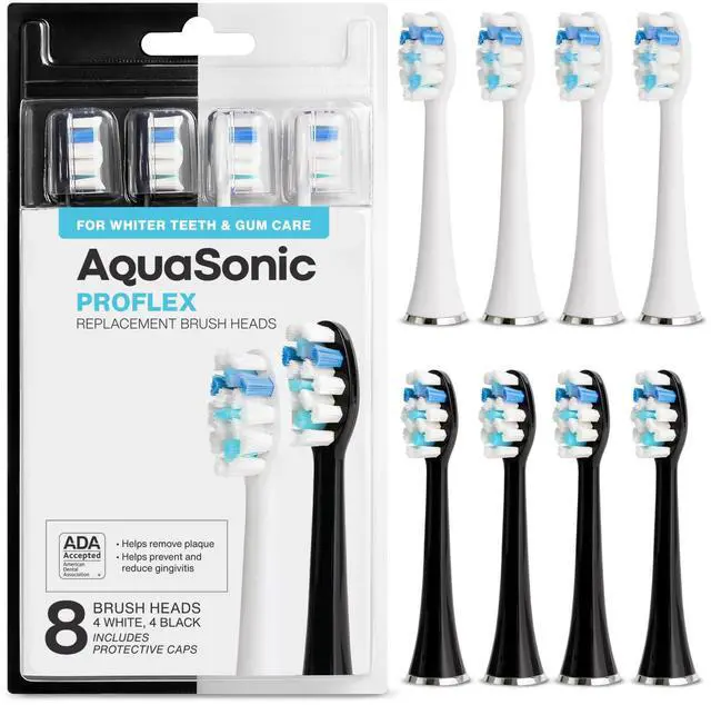 Main image of Genuine Proflex Replacement Brush Heads | ADA Accepted | for Whiter Teeth & Gum Care | Compatible with Duo Series PRO and Others (8 Pack Black & White)