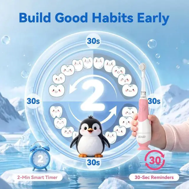 Alt view image 5 of 7 - Toddler Electric Toothbrushes for Baby Ages 0-3 Years, Baby Toothbrush with Smart Timer and Suction Base, 4 Replacement Brush Heads SG-513(Pink-C)